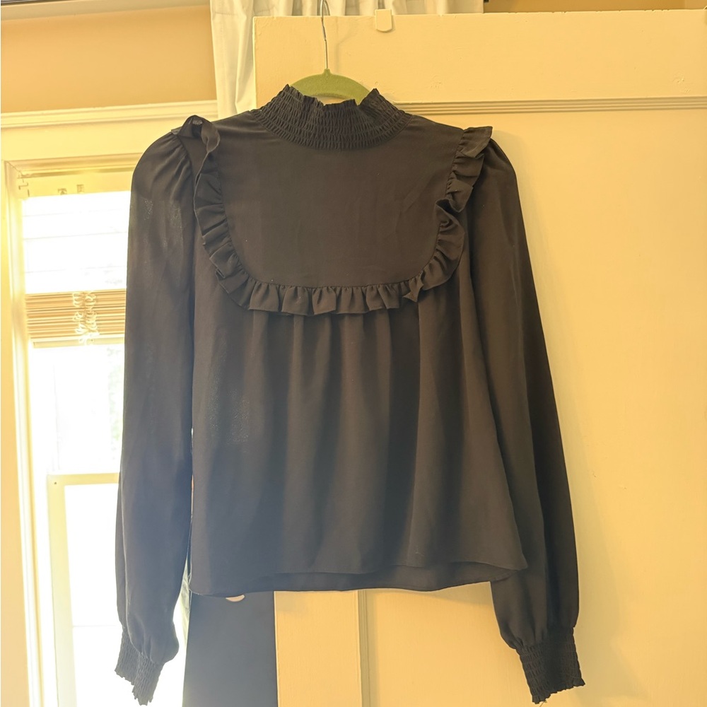 French Connection Black Ruffle Long-Sleeve Blouse